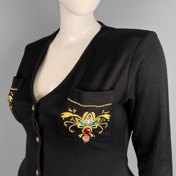 1980s Black Knit Button Up Dress with Jewel Detailing, Size L - Picture 2 of 8